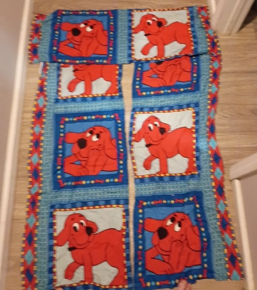 Children's Red Puppy Print Curtain Panel - Blue Background
